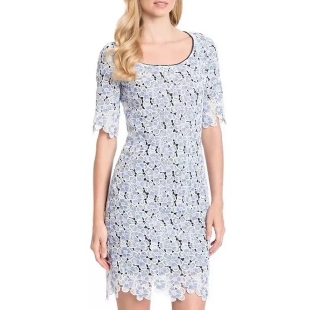 Badgley Mischka Blue and White Floral Lace Dress